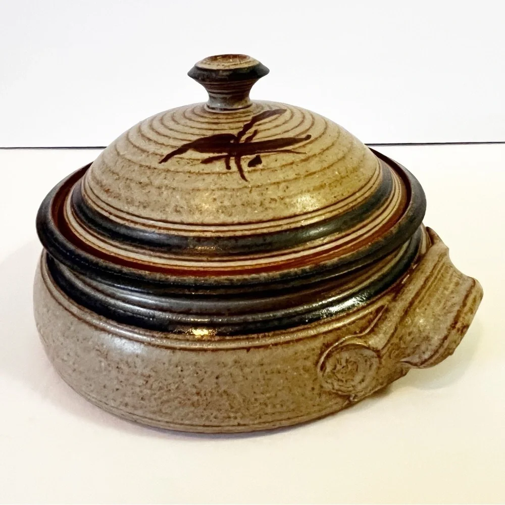 Studio Art Pottery Casserole Dish Lidded Stoneware Handles Handcrafted Signed